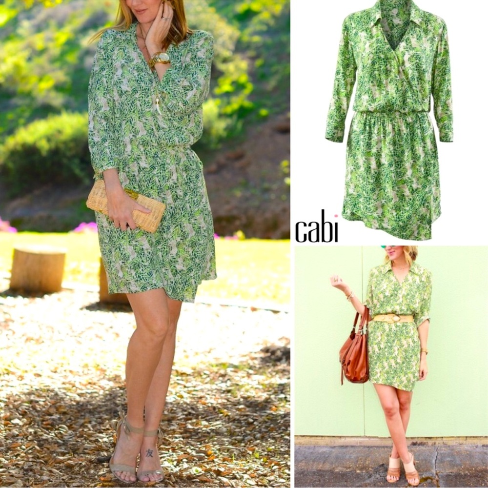 CAbi Leaf Print Faux Wrap Shirt DRESS Sz L Long Sleeves Green Collared